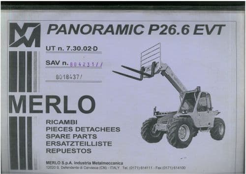 Merlo Telescopic Handler Variable Reach Truck Panoramic P26.6 EVT Parts Manual