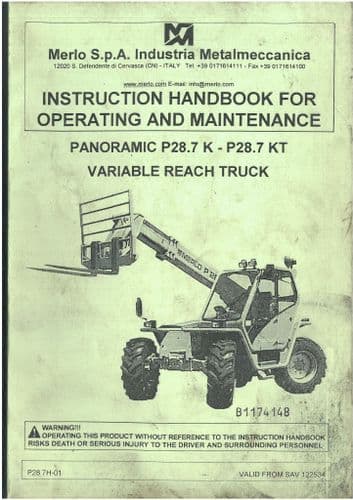 Merlo Telescopic Handler Variable Reach Truck Panoramic P28.7 K & P28.7 KT Operators Manual - 28.7