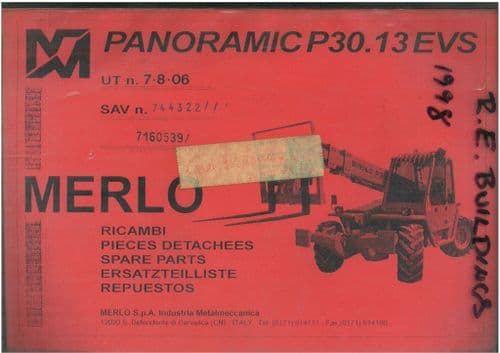Merlo Telescopic Handler Variable Reach Truck Panoramic P30.13 EVS Parts Manual