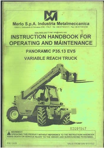 Merlo Telescopic Handler Variable Reach Truck Panoramic P35.13 EVS Operators Manual