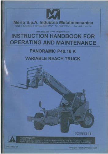 Merlo Telescopic Handler Variable Reach Truck Panoramic P40.16 K & P40.16 KS Operators Manual -