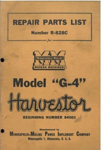 Minneapolis Moline Harvestor Model G4 Parts Manual