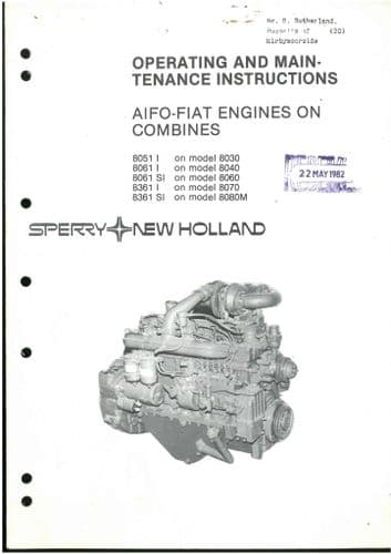 New Holland 8030 8040 8060 8070 8080 Combine Aifo Fiat Engine Operators Manual
