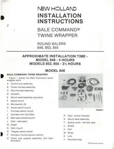 New Holland Bale Command Installation Instruction Manual For Round Baler 848 853 & 855