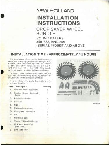 New Holland Crop Saver Wheel Bundle Installation Instruction Manual For Round Baler 848 853 & 855