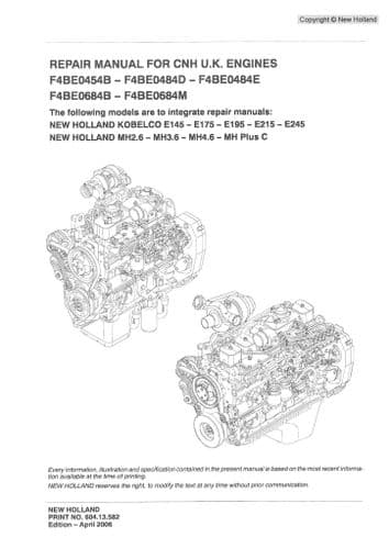New Holland Engine F4BE0454B F4BE0484D F4BE0484E F4BE0684B F4BE0684M Workshop Service Manual