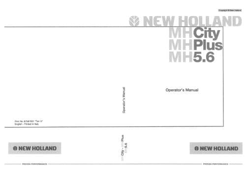 New Holland Excavator MH City, MH Plus & MH5.6 Operators Manual