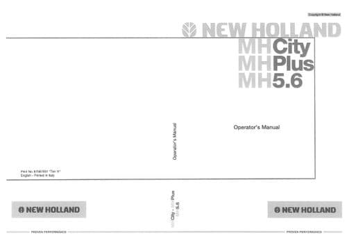 New Holland Excavator MH City, MH Plus & MH5.6 Operators Manual