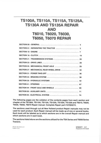 New Holland Fiat Tractor TS100A TS115A TS125A TS135A Service Workshop Manual - PDF ONLY