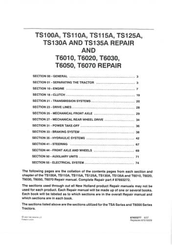 New Holland Fiat Tractor TS100A TS115A TS125A TS135A Service Workshop Manual - PDF ONLY