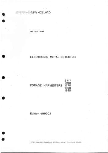 New Holland Forage Harvester Electronic Metal Detector Model S717 890 1770 1890 1895 Operator Manual