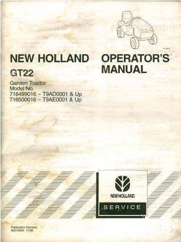 New Holland Garden Tractor GT22 Operators Manual