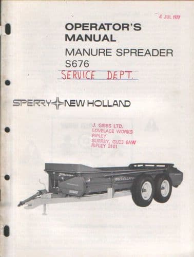 New Holland Manure Spreader Model S676 Operators Manual