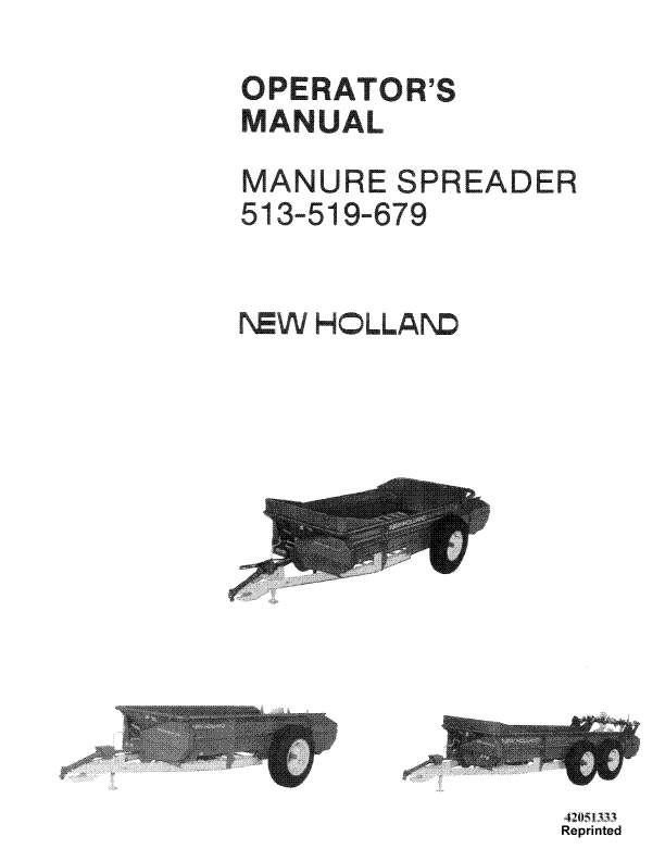 New Holland Manure Spreader Models 513 519 679 Operators Manual