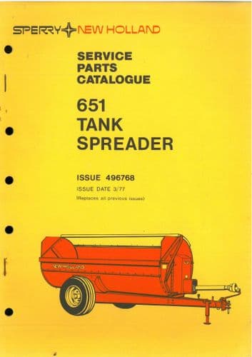 New Holland Manure Tank Spreader Model 651 Parts Manual - ORIGINAL MANUAL
