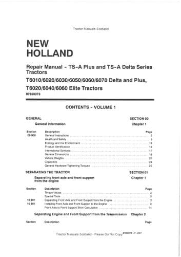 New Holland T6010 T6020 T6030 T6050 T6060 T6070 Delta & Plus & Elite Workshop Manual PDF ONLY