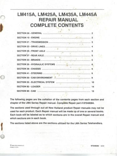 New Holland Telehandler Forklift LM415A LM425A LM425A LM445A Complete Repair Workshop Service Manual