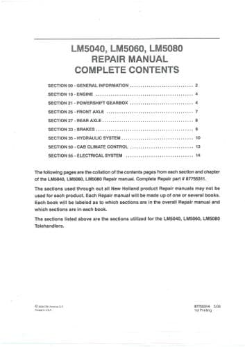 New Holland Telehandler Forklift LM5040 LM5060 LM5080 Workshop Repair Manual LM 5040 5060 5080