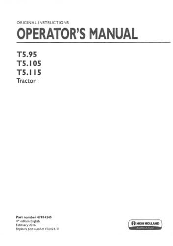 New Holland Tractor T5.95, T5.105 & T5.115 Operators Manual