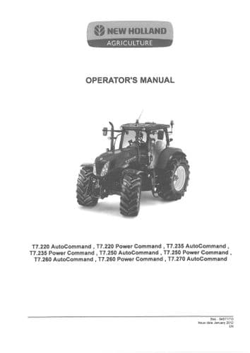 New Holland Tractor T7.220 T7.235 T7.250 T7.260 T7.270 Auto & Power Command Operators Manual