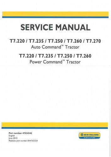 New Holland Tractor T7.220 T7.235 T7.250 T7.260 T7.270 Service Workshop Manual - PDF ONLY