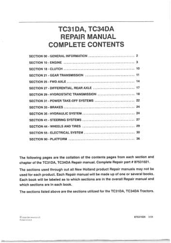 New Holland Tractor TC31DA & TC34DA Workshop Service Manual
