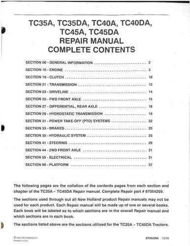 New Holland Tractor TC35A TC35DA TC40A TC40DA TC45A TC45DA Repair Workshop Service Manual