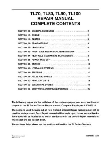 New Holland Tractor TL70 TL80 TL90 TL100 Service Workshop Manual