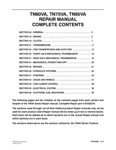 New Holland Tractor TN60VA TN75VA TN95VA Service Workshop Repair Manual