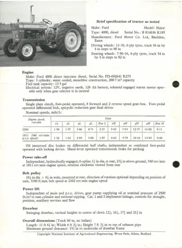 NIAE Ford Major Diesel Tractor - Model 4000 Test Report Brochure