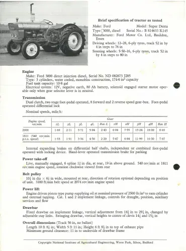 NIAE Ford Super Dexta Diesel Tractor - Model 3000 Test Report Brochure