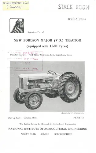 NIAE New Fordson Tractor Major (V.O. with 11-36 Tyres) Test Report Brochure