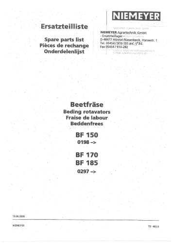 Niemeyer Bedding Rotavator BF150 BF170 BF185 Parts Manual