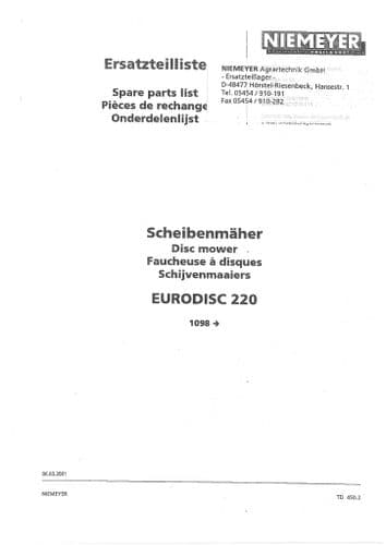 Niemeyer Disc Mower Eurodisc 220 Parts Manual
