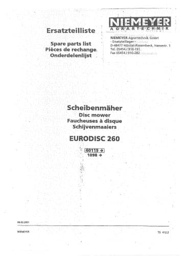 Niemeyer Disc Mower Eurodisc 260 Parts Manual