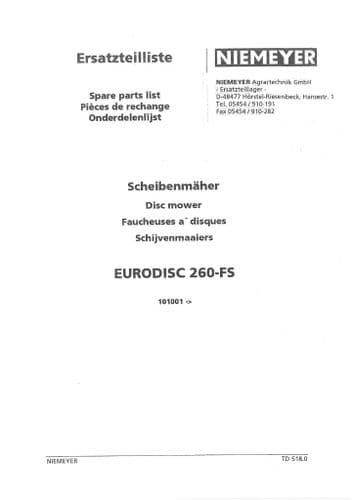 Niemeyer Disc Mower Eurodisc 260FS Parts Manual