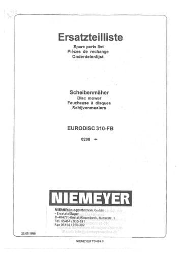 Niemeyer Disc Mower Eurodisc 310FB Parts Manual