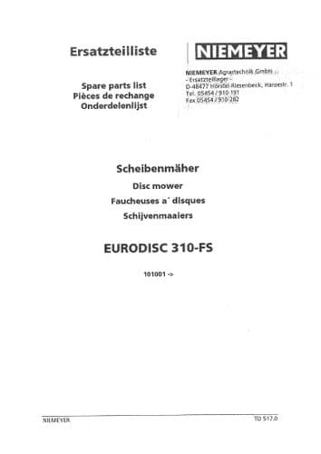 Niemeyer Disc Mower Eurodisc 310FS Parts Manual