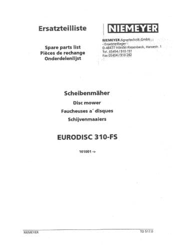 Niemeyer Disc Mower Eurodisc 310FS Parts Manual