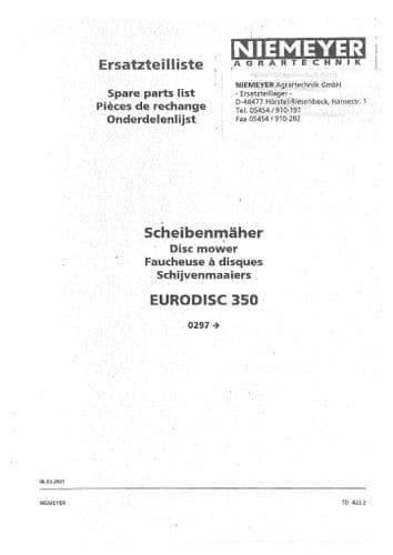 Niemeyer Disc Mower Eurodisc 350 Parts Manual