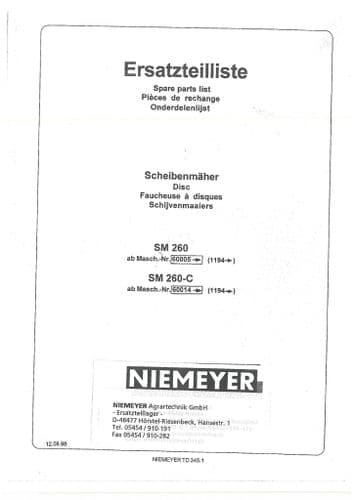Niemeyer Disc Mower SM260 SM260C Parts Manual