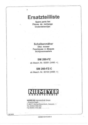 Niemeyer Disc Mower SM260FZ & SM260FZC Parts Manual