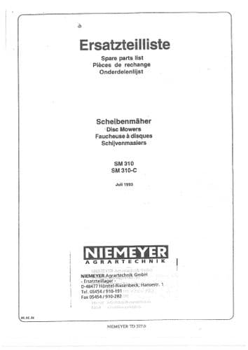Niemeyer Disc Mower SM310 SM310C Parts Manual
