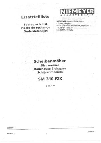 Niemeyer Disc Mower SM310FZX Parts Manual