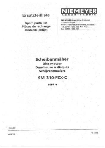 Niemeyer Disc Mower SM310FZXC Parts Manual
