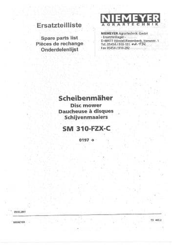 Niemeyer Disc Mower SM310FZXC Parts Manual