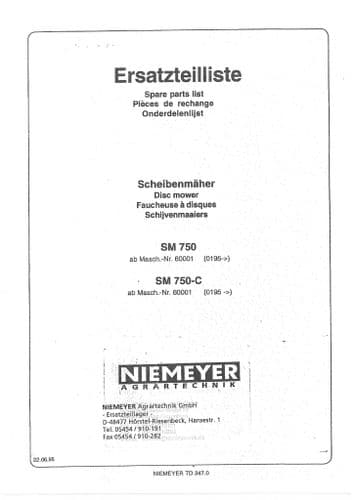 Niemeyer Disc Mower SM750 & SM750C Parts Manual