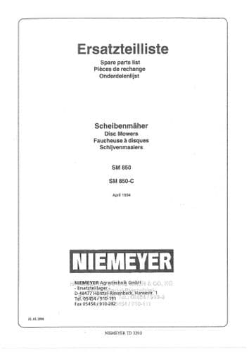 Niemeyer Disc Mower SM850 & SM850C Parts Manual
