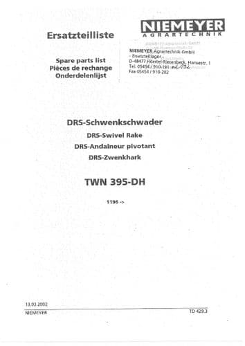 Niemeyer DRS Swivel Rake Twin 395DH Parts Manual