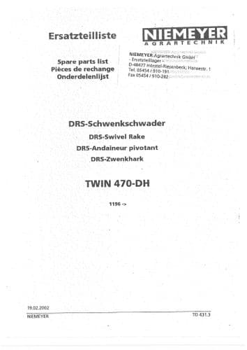 Niemeyer DRS Swivel Rake Twin 470DH Parts Manual